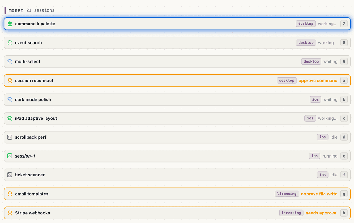 Compact list layout showing many sessions at once