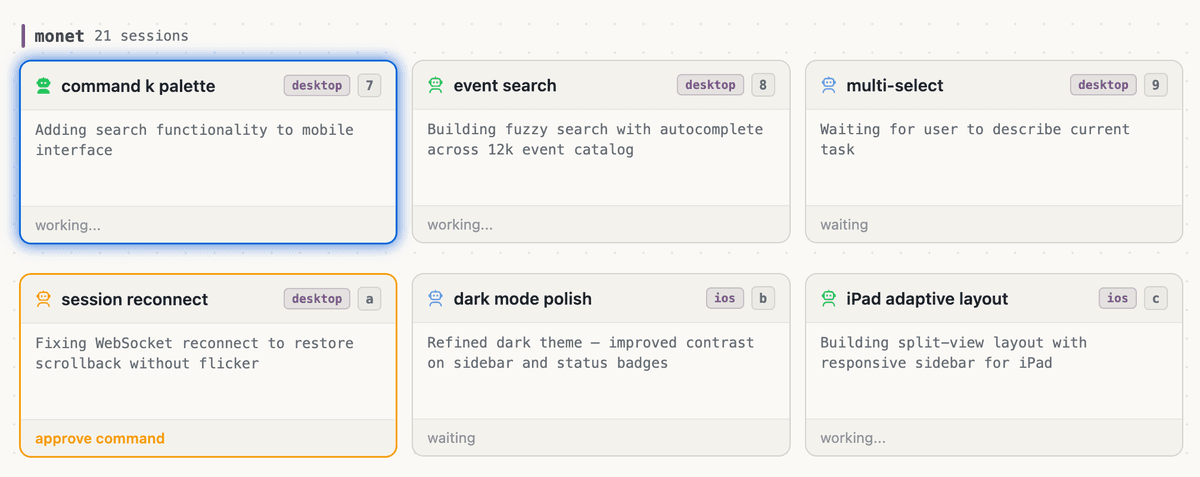 Grid layout showing agent sessions as cards