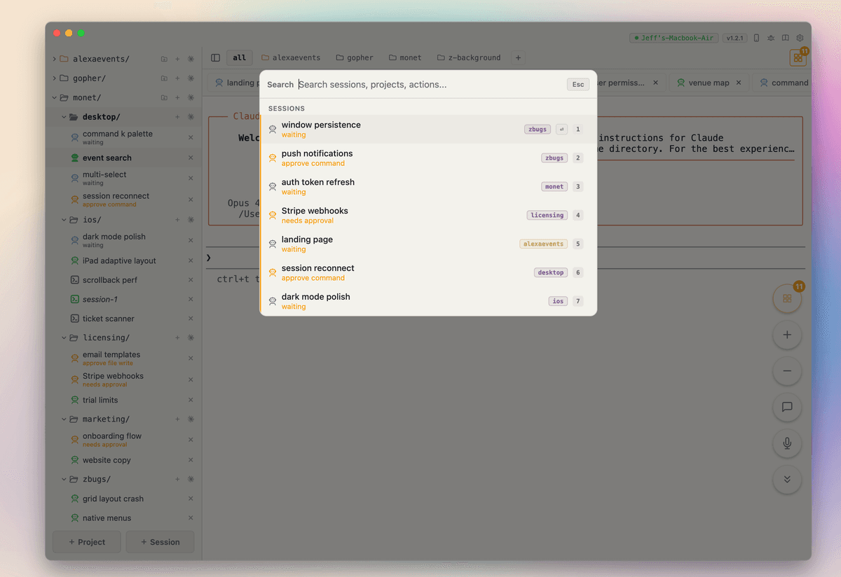 Command palette searching across sessions and projects